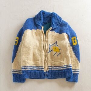 1980s Football Pattern Cowichan Style Wool Cardigan Size S/M